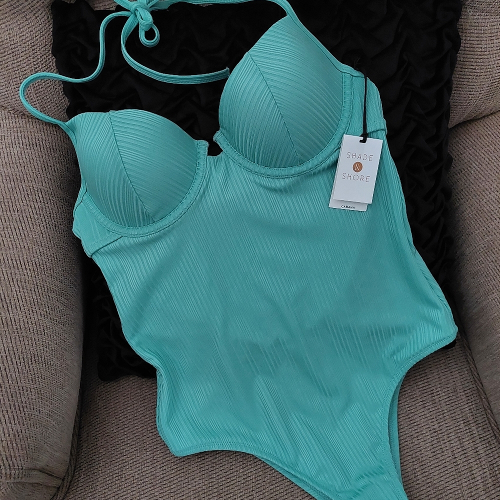 SHADE & SHORE MINT GREEN HALTER ONE PIECE SWIMSUIT